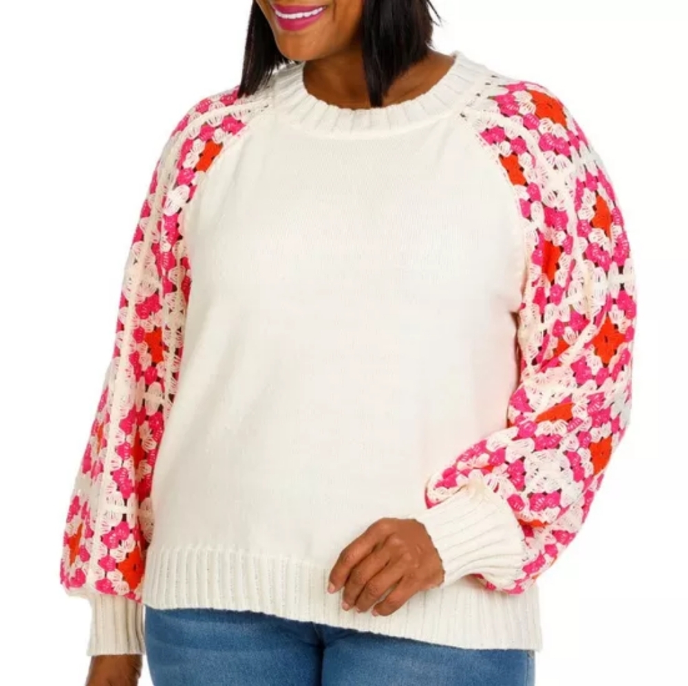 Women's Cream Sweater with Pink and Orange Floral Sleeves